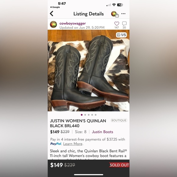 Justin Boots Womens Size 9.5B QUINLAN  BRL440 Black Leather Handcrafted USA - Picture 2 of 11